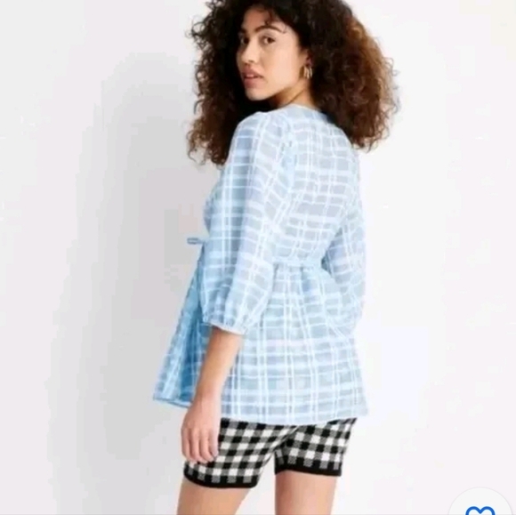 Future Collective Women's Gingham Check 3/4 Sleeve V-Neck Wrap Top Size XS - Picture 3 of 12
